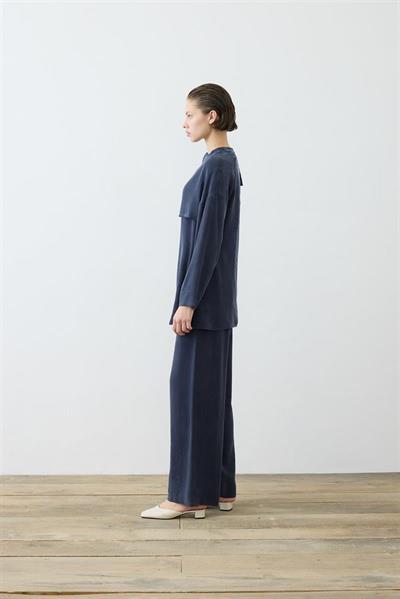 ELVA WASHED SILK SCARF DETAILED PANTS SET NAVY BLUE