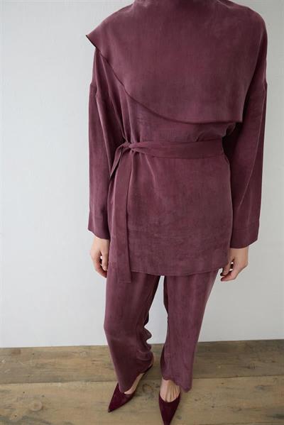 ELVA WASHED SILK SCARF DETAILED PANTS SET BURGUNDY