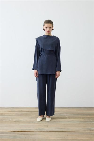 ELVA WASHED SILK SCARF DETAILED PANTS SET NAVY BLUE