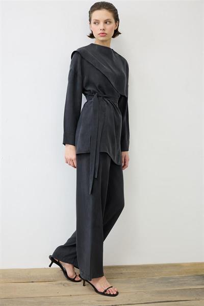 ELVA WASHED SILK SCARF DETAILED PANTS SET BLACK