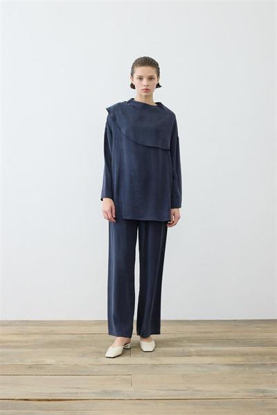 ELVA WASHED SILK SCARF DETAILED PANTS SET NAVY BLUE