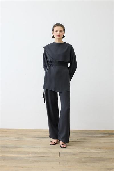 ELVA WASHED SILK SCARF DETAILED PANTS SET BLACK