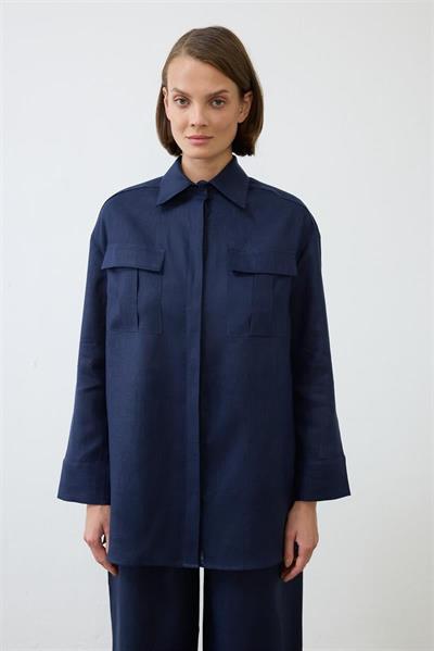 EMMA 100% LINEN PALAZZO PANTS SET NAVY BLUE