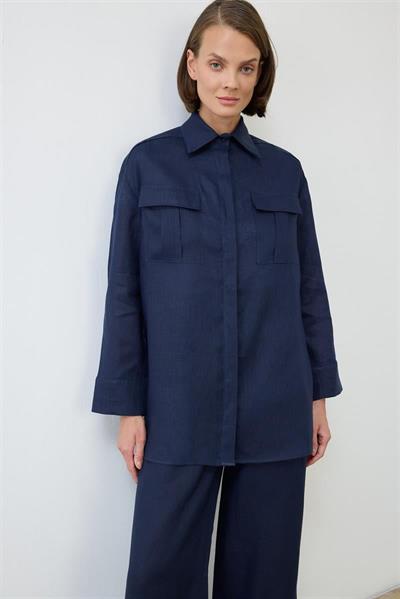 EMMA 100% LINEN PALAZZO PANTS SET NAVY BLUE