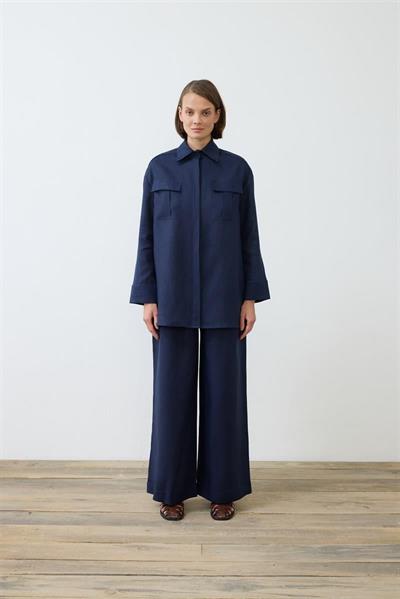 EMMA 100% LINEN PALAZZO PANTS SET NAVY BLUE