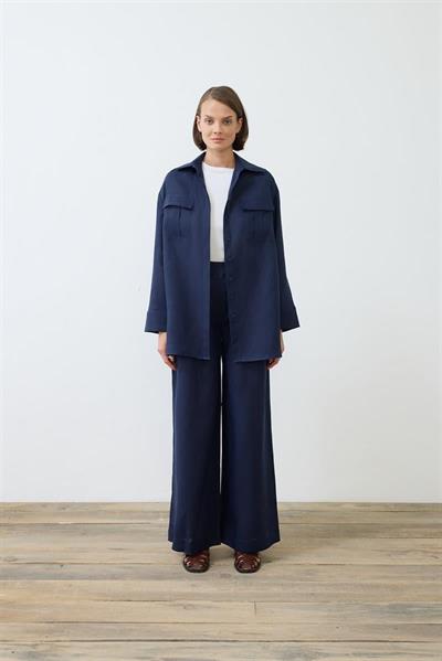EMMA 100% LINEN PALAZZO PANTS SET NAVY BLUE