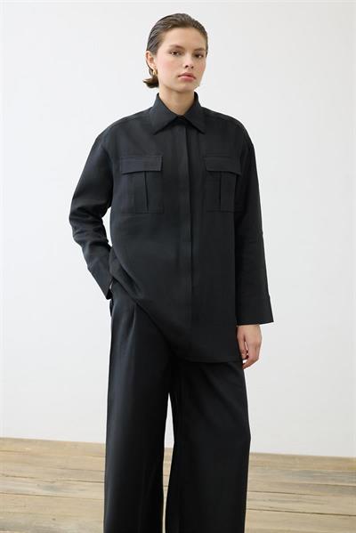 EMMA 100% LINEN POCKET SHIRT BLACK