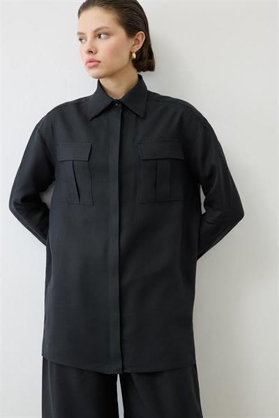 EMMA 100% LINEN POCKET SHIRT BLACK