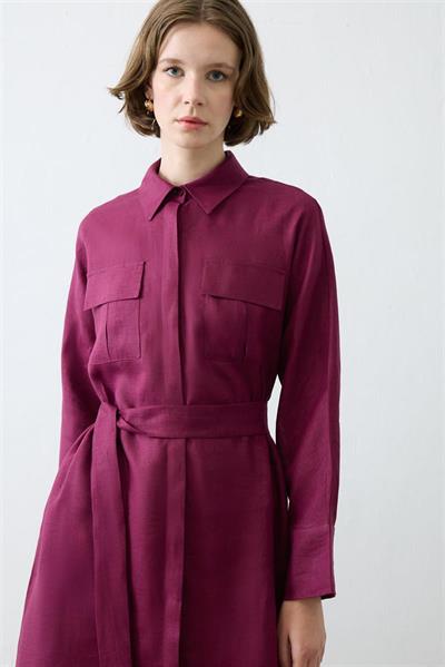 EMMA 100% LINEN POCKET SHIRT DRESS BURGUNDY