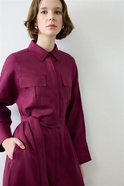 EMMA 100% LINEN POCKET SHIRT DRESS BURGUNDY
