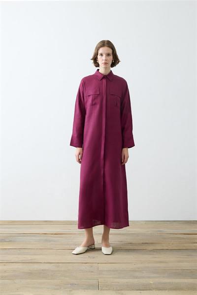 EMMA 100% LINEN POCKET SHIRT DRESS BURGUNDY