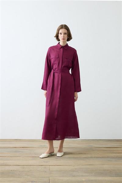 EMMA 100% LINEN POCKET SHIRT DRESS BURGUNDY