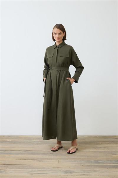 EMMA 100% LINEN POCKET SHIRT DRESS KHAKI