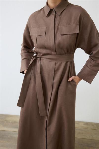 EMMA 100% LINEN POCKET SHIRT DRESS TAUPE
