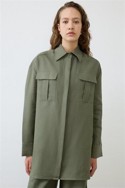 EMMA 100% LINEN POCKET SHIRT KHAKI