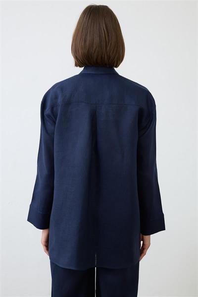 EMMA 100% LINEN POCKET SHIRT NAVY BLUE