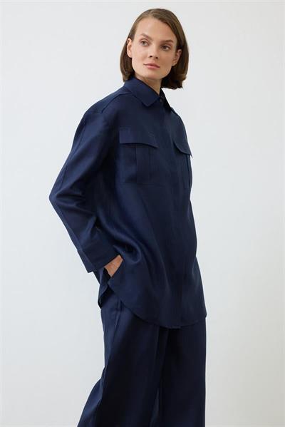 EMMA 100% LINEN POCKET SHIRT NAVY BLUE
