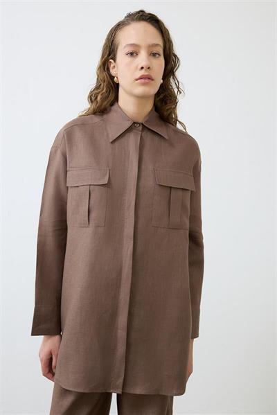 EMMA 100% LINEN POCKET SHIRT TAUPE