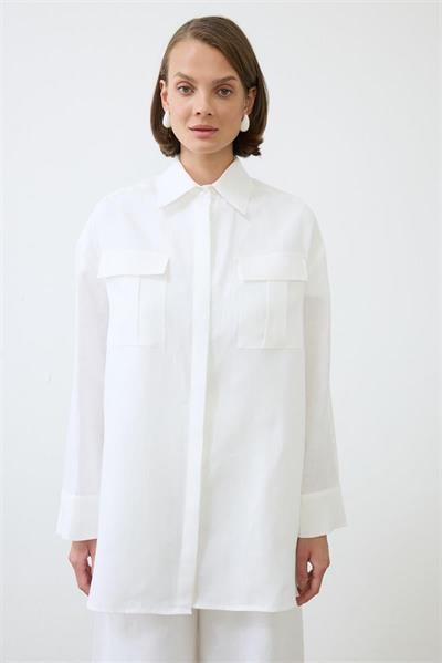EMMA 100% LINEN POCKET SHIRT WHITE