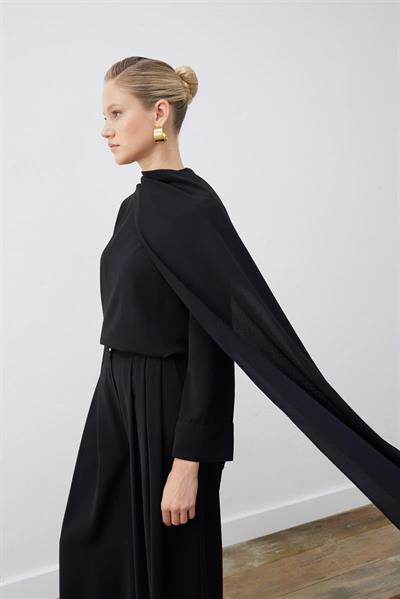 EVA CREPE BLOUSE WITH SCARF   PALAZZO PANTS SET BLACK