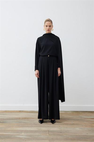 EVA CREPE BLOUSE WITH SCARF   PALAZZO PANTS SET BLACK