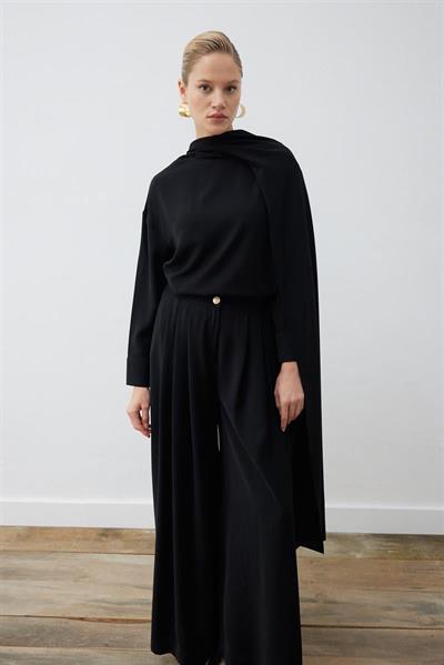 EVA CREPE BLOUSE WITH SCARF   PALAZZO PANTS SET BLACK