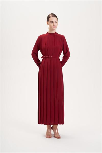 FIONA PLEATED CREPE DRESS BURGUNDY