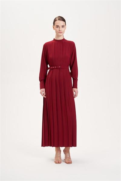 FIONA PLEATED CREPE DRESS BURGUNDY