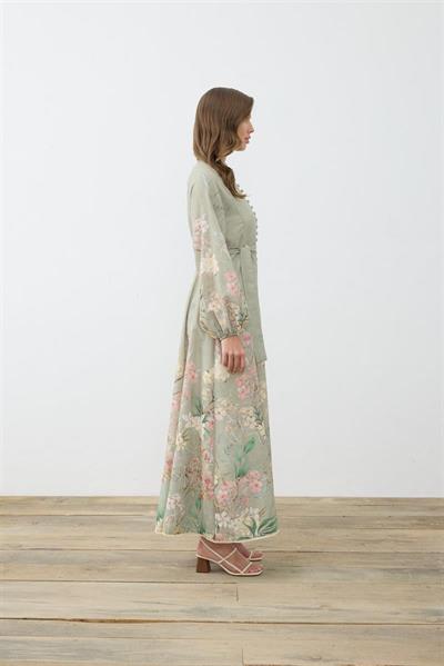FLORA PATTERNED LINEN BELTED DRESS GREEN