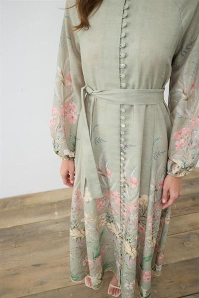 FLORA PATTERNED LINEN BELTED DRESS GREEN