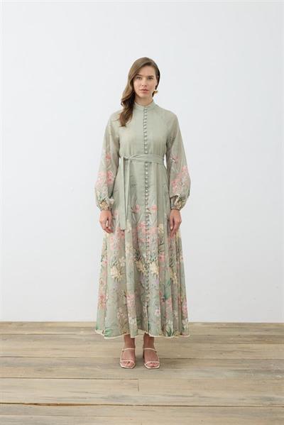 FLORA PATTERNED LINEN BELTED DRESS GREEN