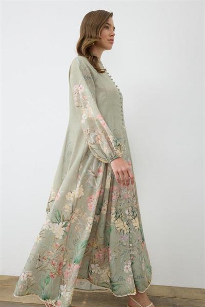 FLORA PATTERNED LINEN BELTED DRESS GREEN