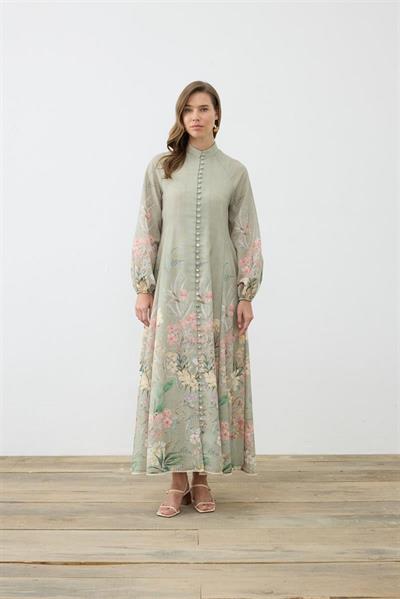 FLORA PATTERNED LINEN BELTED DRESS GREEN