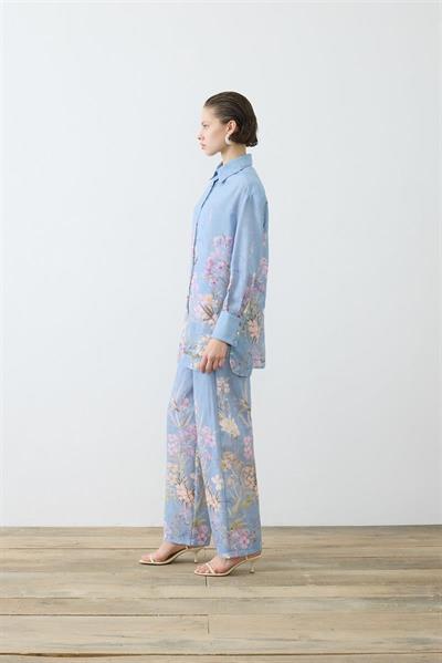 FLORA PATTERNED LINEN PANTS SET BLUE