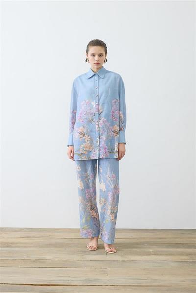 FLORA PATTERNED LINEN PANTS SET BLUE