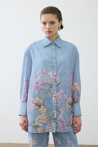 FLORA PATTERNED LINEN PANTS SET BLUE