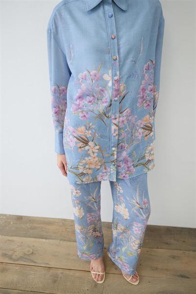 FLORA PATTERNED LINEN PANTS SET BLUE