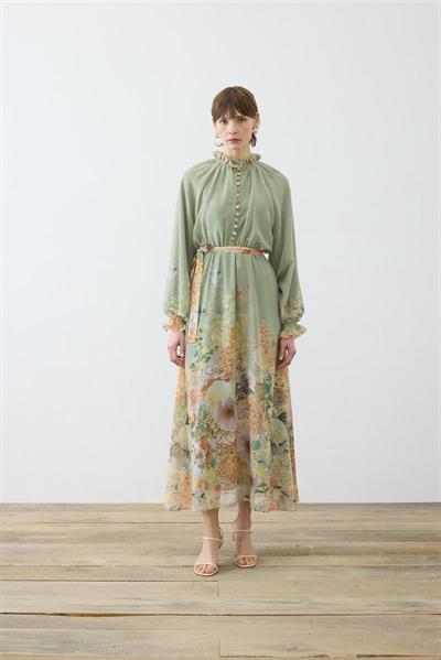 FLORAL CHIFFON BELTED DRESS GREEN