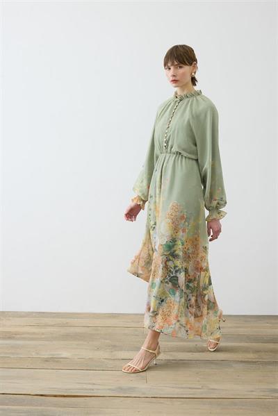 FLORAL CHIFFON BELTED DRESS GREEN