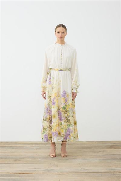 FLORAL CHIFFON BELTED DRESS WHITE
