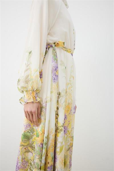 FLORAL CHIFFON BELTED DRESS WHITE
