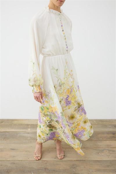 FLORAL CHIFFON BELTED DRESS WHITE