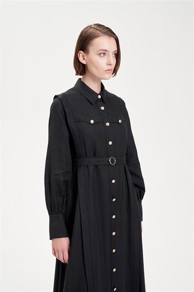 GOLD 100% LINEN DRESS BLACK