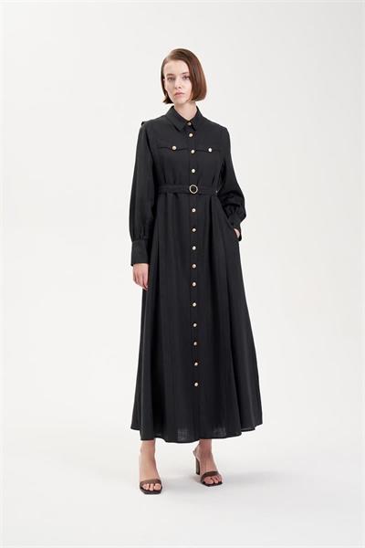 GOLD 100% LINEN DRESS BLACK