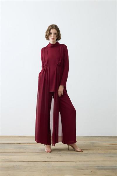 HELEN TEXTURED CHIFFON PANTS SET BURGUNDY