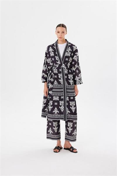 KATAR LINEN KIMONO SET BLACK BEIGE