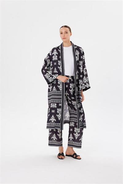 KATAR LINEN KIMONO SET BLACK BEIGE