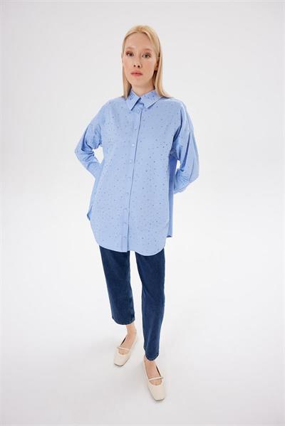 LAURA STONE EMBELLISHED COTTON SHIRT BABY BLUE