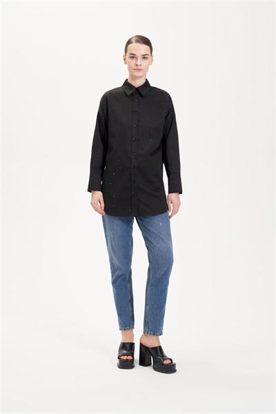 LAURA STONE EMBELLISHED COTTON SHIRT BLACK