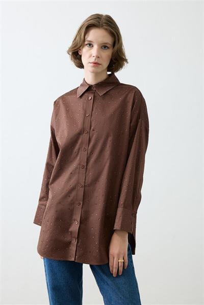 LAURA STONE EMBELLISHED COTTON SHIRT BROWN